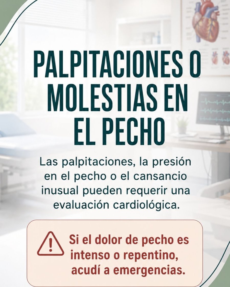 Palpitaciones o molestias en el pecho: las palpitaciones, la presión en el pecho o el cansancio inusual pueden requerir una evaluación cardiológica. Si el dolor de pecho es intenso o repentino, acudí a emergencias.